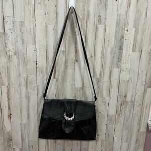Vintage Dessiree Black Faux Leather Envelope Clutch Buckle Bag 80s Retro